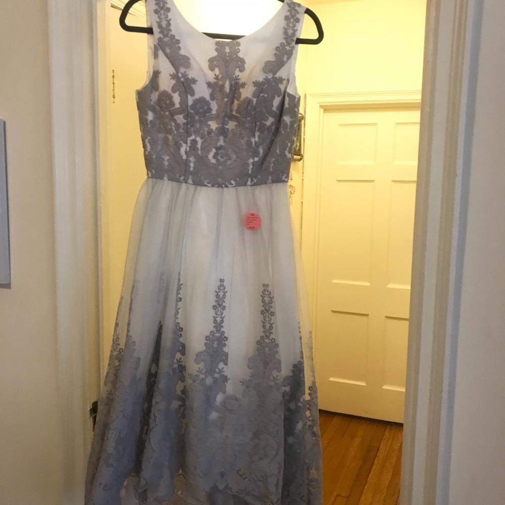 Dove grey high-low dress with lace detailing